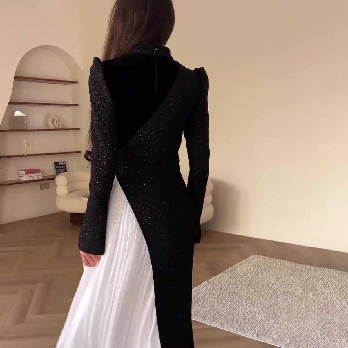Long Sleeve Stitching Design Pleated False Two-piece Suit Dress