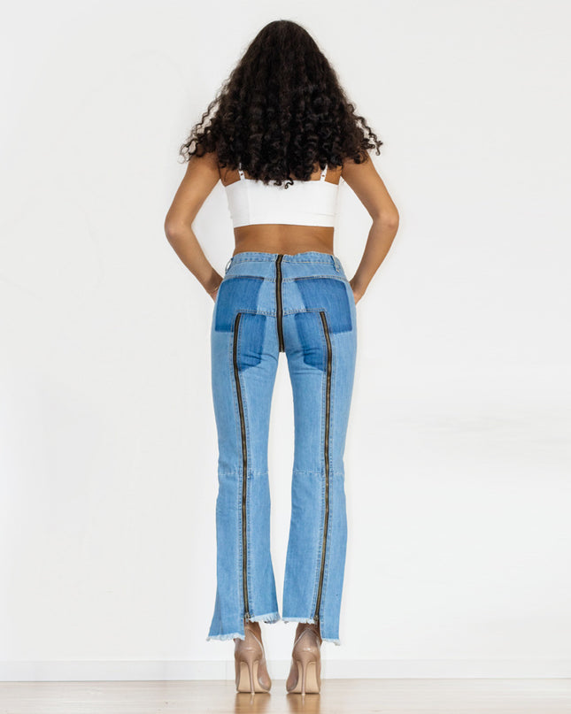Light Blue Zipper Personality Design Irregular Skinny Jeans