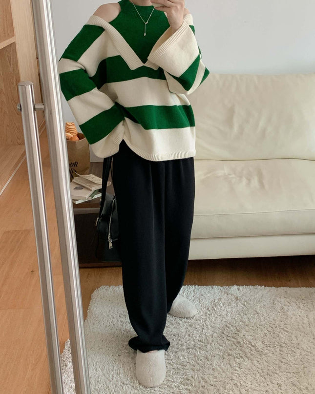 Korean Style False Two-piece Halter Off-the-shoulder Loose Striped Sweater