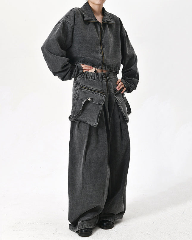 Women's Large Pocket Heavy Industry Denim Jacket Two-piece Set