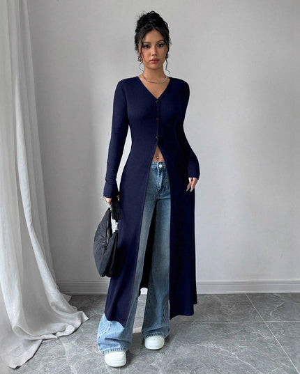 European And American Solid Color Long Button Cardigan Slim Fit Slimming Top Women