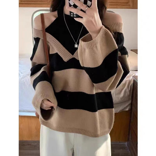 Korean Style False Two-piece Halter Off-the-shoulder Loose Striped Sweater
