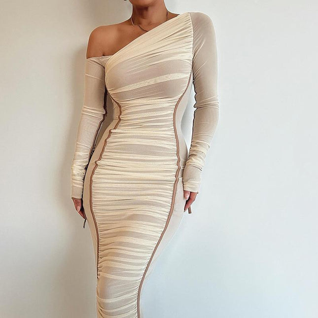 Women's Diagonal Collar Long Sleeve High Waist Mesh Dress