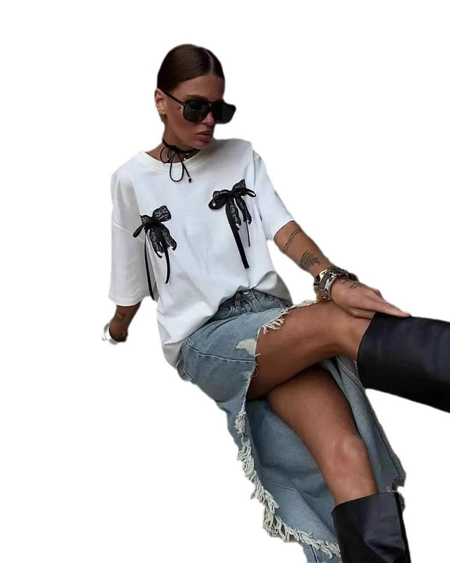 Millennium Bowknot Short-sleeved T-shirt Women's Lace Stitching