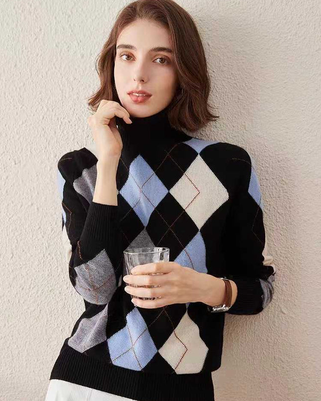 Vintage Diamond Lattice Pure Cashmere High Lapel Inlay Knitted Sweater