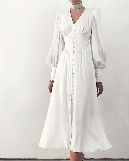 Design Balloon Sleeve Nipped Waist French Satin Dress