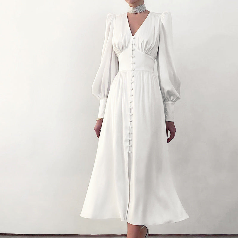 Design Balloon Sleeve Nipped Waist French Satin Dress