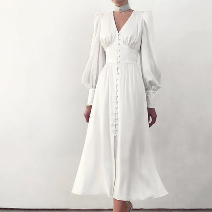 Design Balloon Sleeve Nipped Waist French Satin Dress
