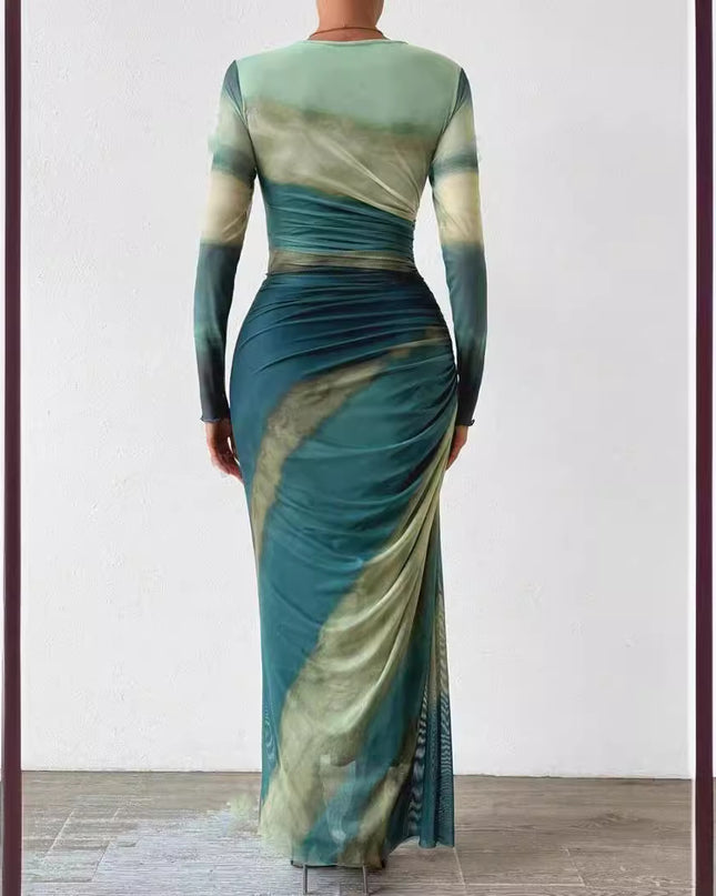 Tie-dyed Long Sleeve Slim Fit Hot Girl Long Dress