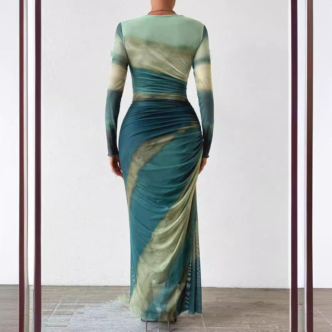 Tie-dyed Long Sleeve Slim Fit Hot Girl Long Dress