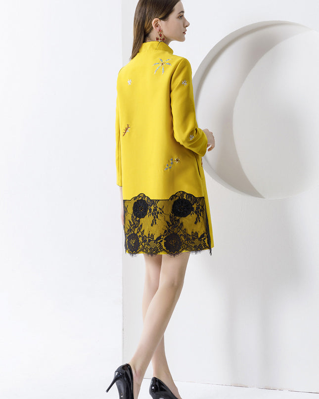 Autumn And Winter Silk Wool Stitching Lace Hit Lace Big Embroidered Mid-length Coat