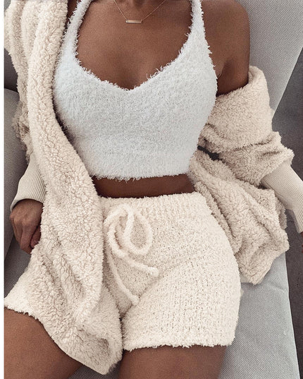 Adogirl Women Fleece Plush Casual Two Piece Set Long Sleeve Hooded Cardigan Coat Autumn Winter Outwear  Shorts Fashion Outfits