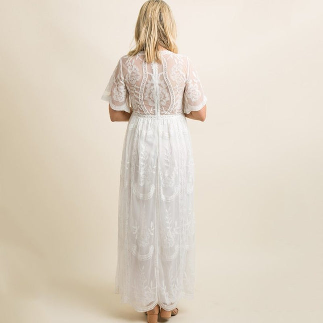 Maternity Dresses for Photo Shoot Summer V Neck White Lace white Maxi Dress