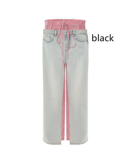 Patchwork Jeans Pink Plaid Women's Clothing