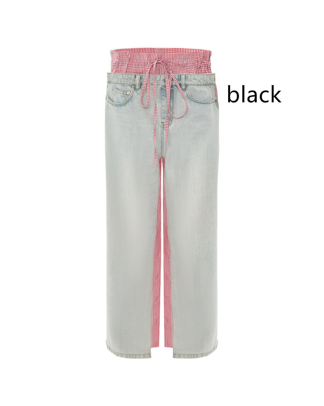 Patchwork Jeans Pink Plaid Women's Clothing