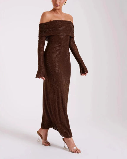 Sexy Luxury Strapless Long Sleeve Slim Rhinestone Noble Dress