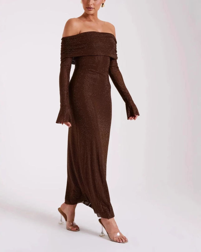 Sexy Luxury Strapless Long Sleeve Slim Rhinestone Noble Dress