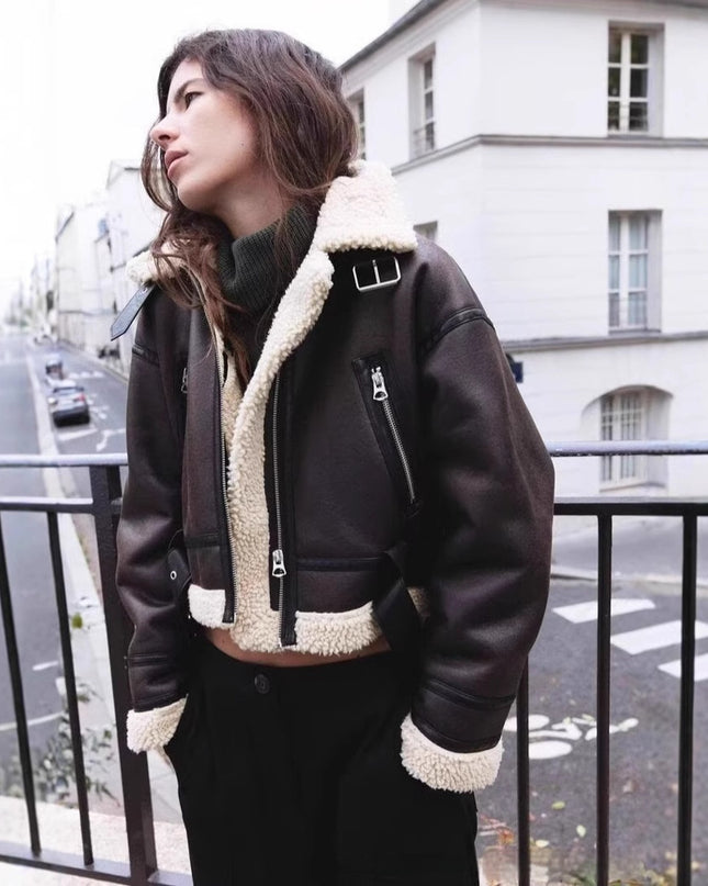 Wear Fur Integrated Lapel Thickening Warm Double-sided Casual Short Jacket Coat