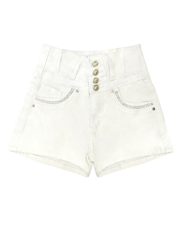 White High Waist Button Shorts Slim Fit