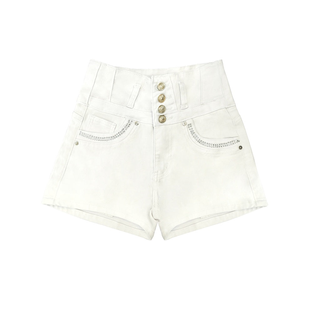 White High Waist Button Shorts Slim Fit