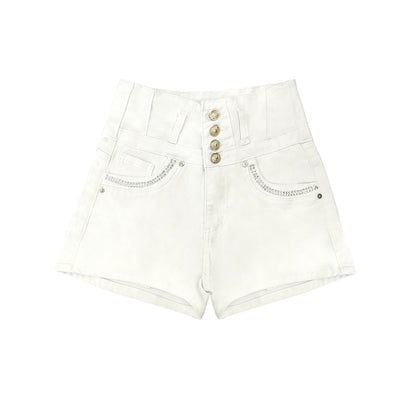 White High Waist Button Shorts Slim Fit