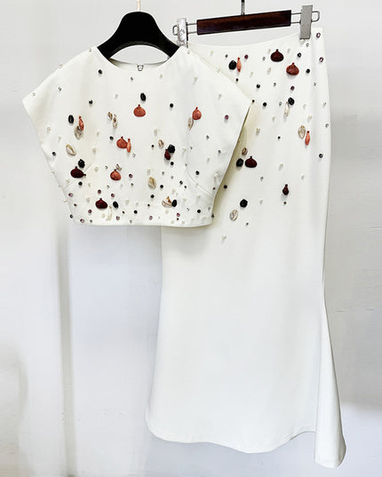 Fashion Heavy Industry Shell Beads Rhinestones Short Top Suit