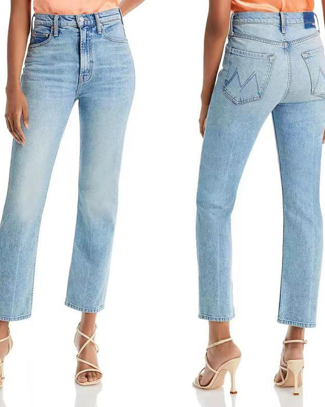 High Waist Light Blue Stretch Slim-fitting Small Straight Cropped Jeans For Women
