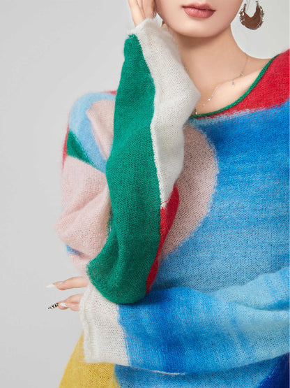 Color Block Splicing Knitwear Sweater For Women
