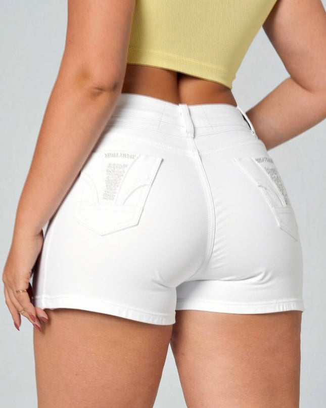 White High Waist Button Shorts Slim Fit