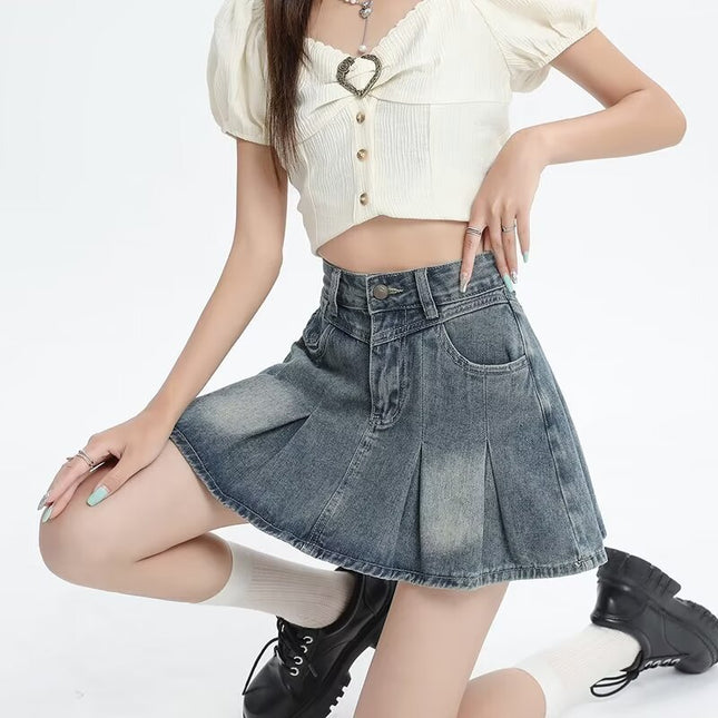 Retro Denim Skirt Summer A- Line Pleated Skirt