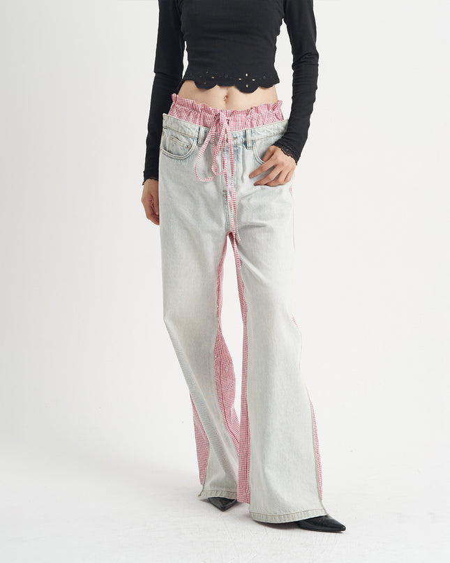 Patchwork Jeans Pink Plaid Women's Clothing