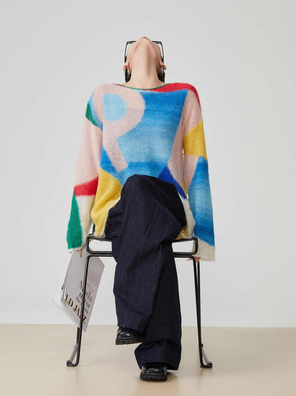 Color Block Splicing Knitwear Sweater For Women