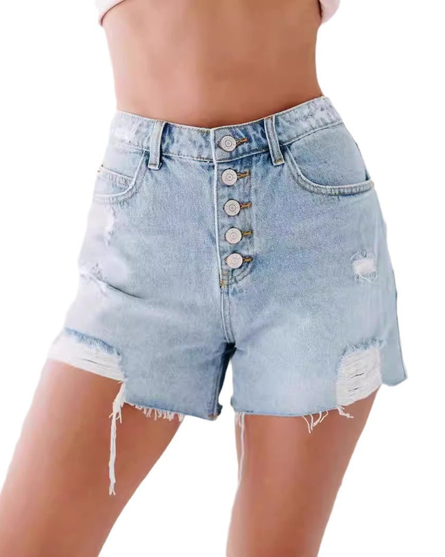 Fashion Casual Ordinary Water Washed Hole Raw Edge Denim Shorts