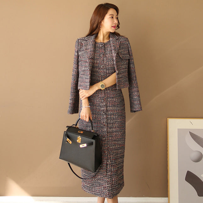 Temperament Ladies Woolen Coat Slim Round Neck Skirt Two-piece Suit