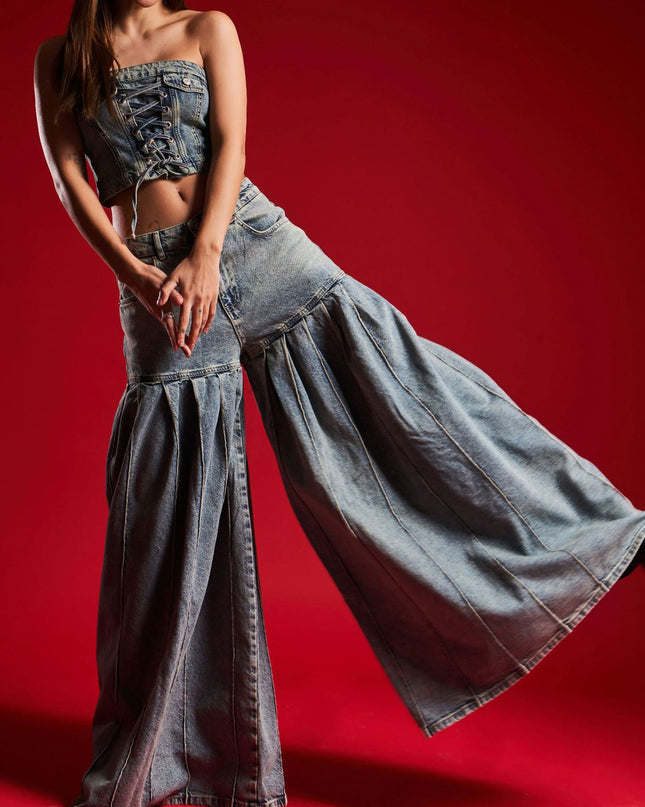 Strapless Denim Corset Crop Top & High - Waisted Pleated  Wide - Leg Pants Set