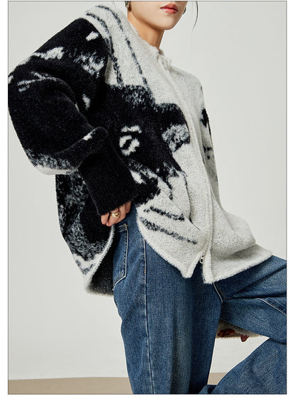 Grey Color Blocked Cardigan Sweater Round Neck Knit