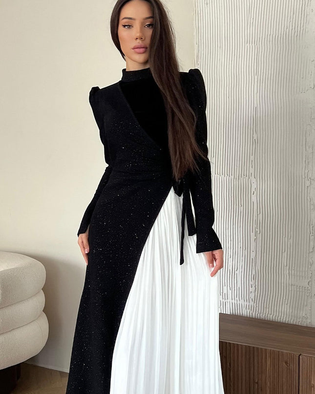 Long Sleeve Stitching Design Pleated False Two-piece Suit Dress