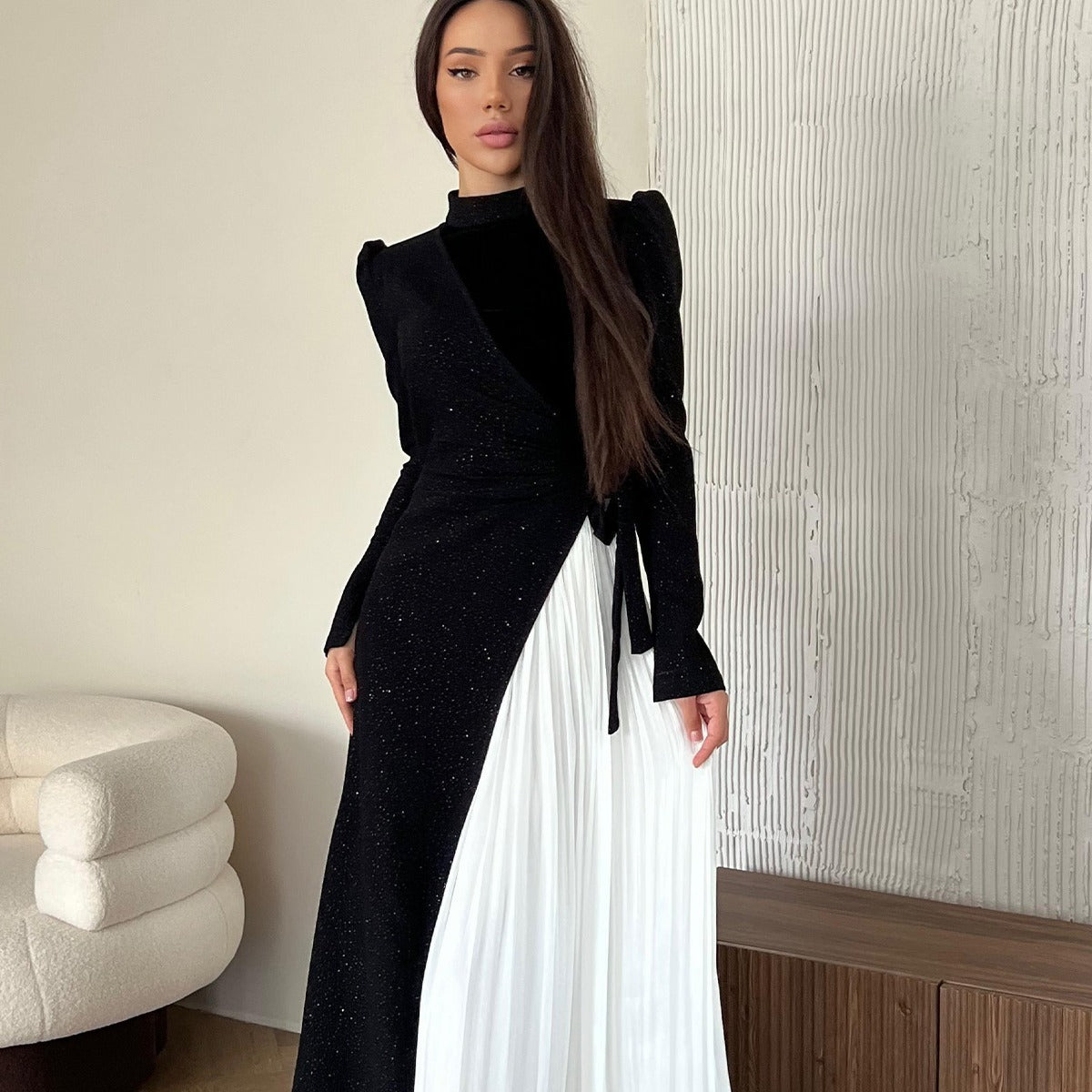 Long Sleeve Stitching Design Pleated False Two-piece Suit Dress