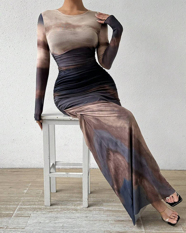 Tie-dyed Long Sleeve Slim Fit Hot Girl Long Dress