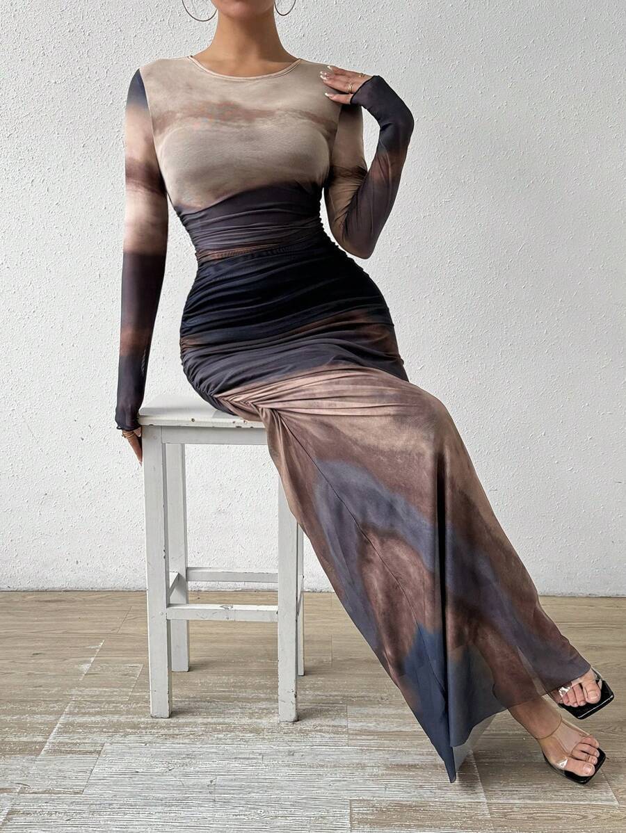 Tie-dyed Long Sleeve Slim Fit Hot Girl Long Dress