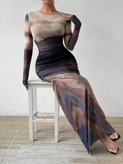 Tie-dyed Long Sleeve Slim Fit Hot Girl Long Dress