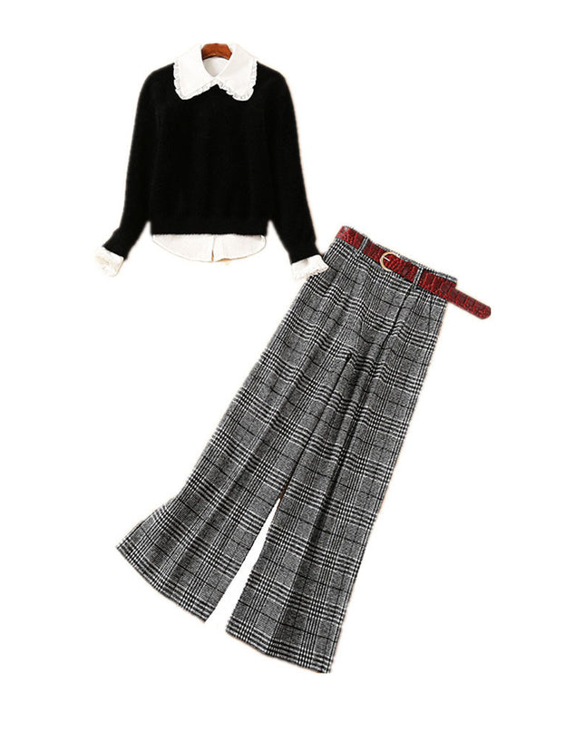 New Style Wooden Ear Shirt With Mohair Sweater And Plaid Wide-leg Pants Three-Piece Suit
