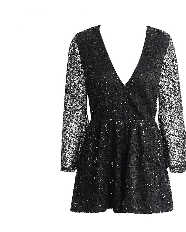 lace jumpsuits rompers  deep v long sleeve shorts