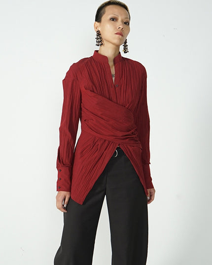 Women's Wrinkled Irregular Waist V-neck Long-sleeved Shirt