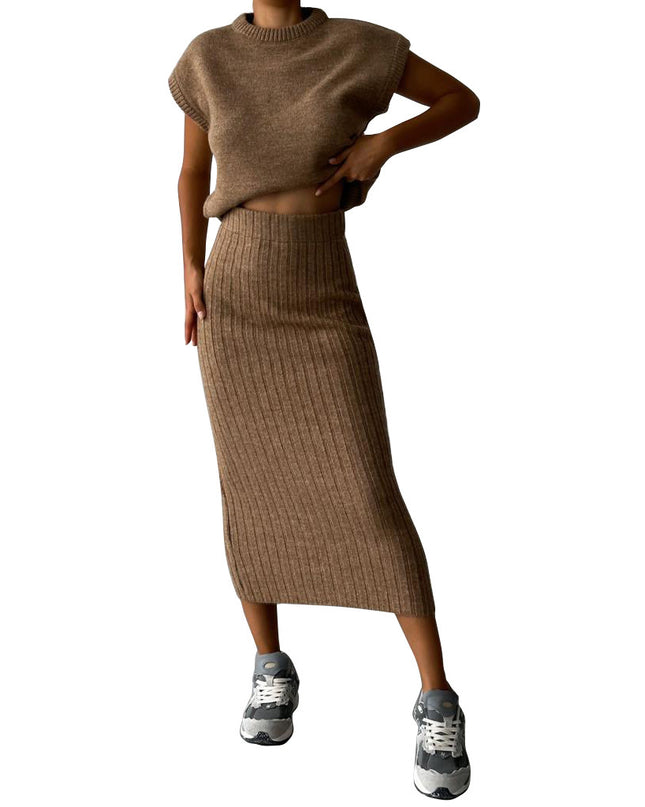 Sweater Suit Women's Sleeveless Pullover Coat Skirt