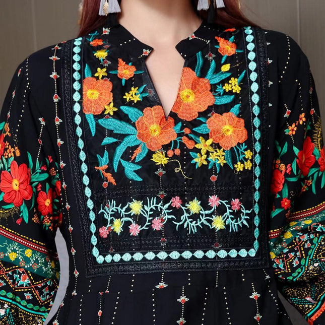 Women's Ethnic Style V-Neck Long Sleeve Dress