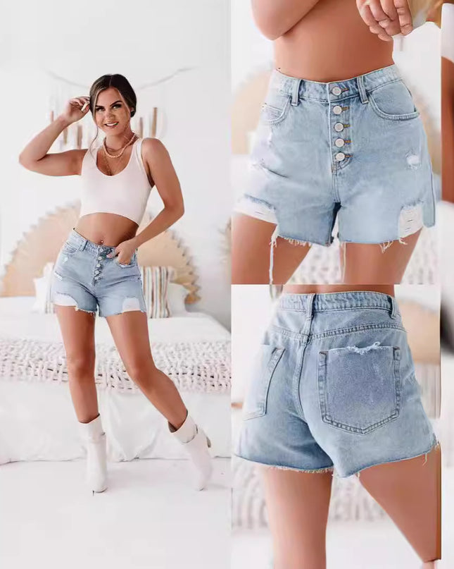 Fashion Casual Ordinary Water Washed Hole Raw Edge Denim Shorts