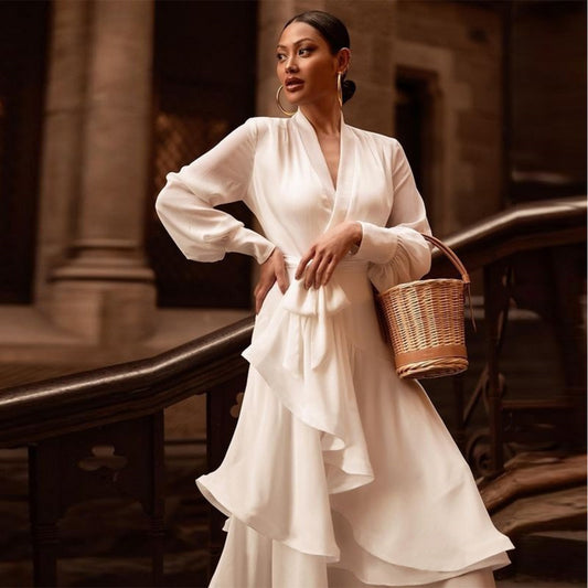 Long Sleeve Ruffles Long White Satin Dress Layered