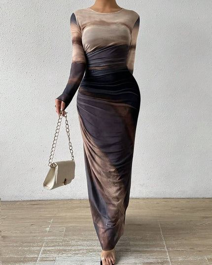 Tie-dyed Long Sleeve Slim Fit Hot Girl Long Dress