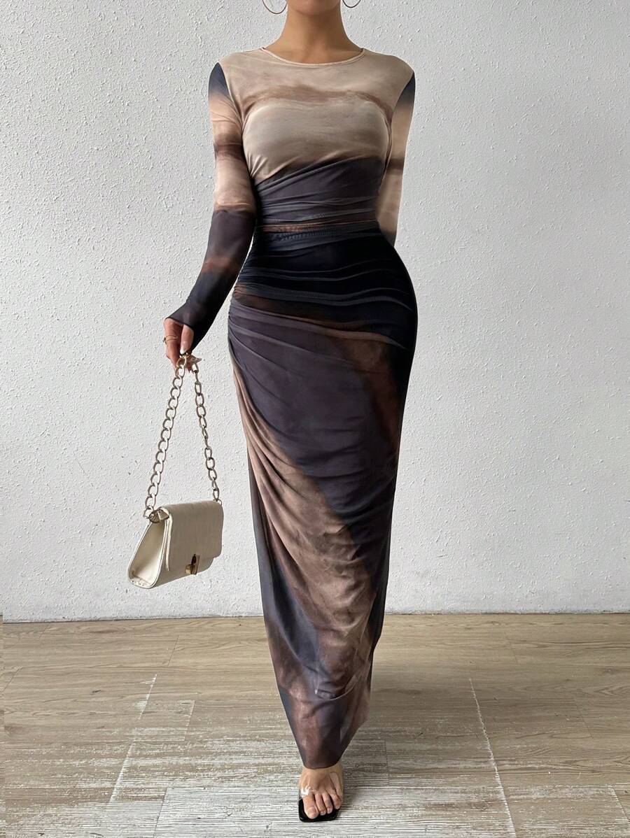 Tie-dyed Long Sleeve Slim Fit Hot Girl Long Dress